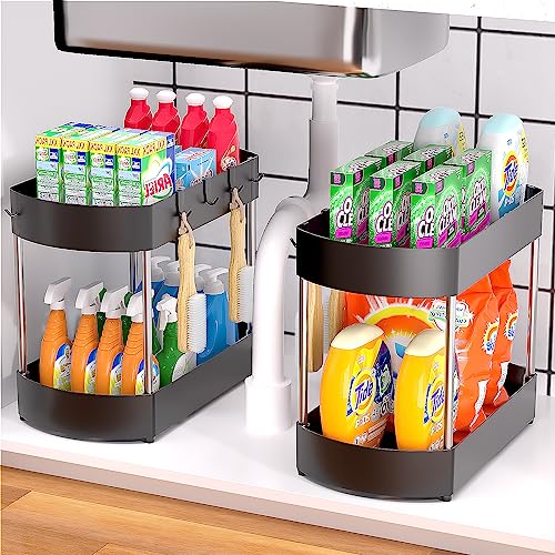 SKYSEN 2 Pack Under Sink Organizers And Storage, Bathroom Organizer Under Sink, Under Sink Storage - Large Capacity, Stainless Steel Support, 2-Layer Storage, Ideal For Bathroom And Kitchen(USO-2)