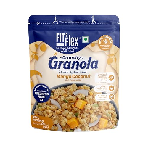 FIT & FLEX Baked Granola | Mango Coconut | Oat Rich Cereal with Real Freeze Dried Fruits | Ready to Eat Healthy Breakfast Food | Cholesterol Free with Immunity Boosters