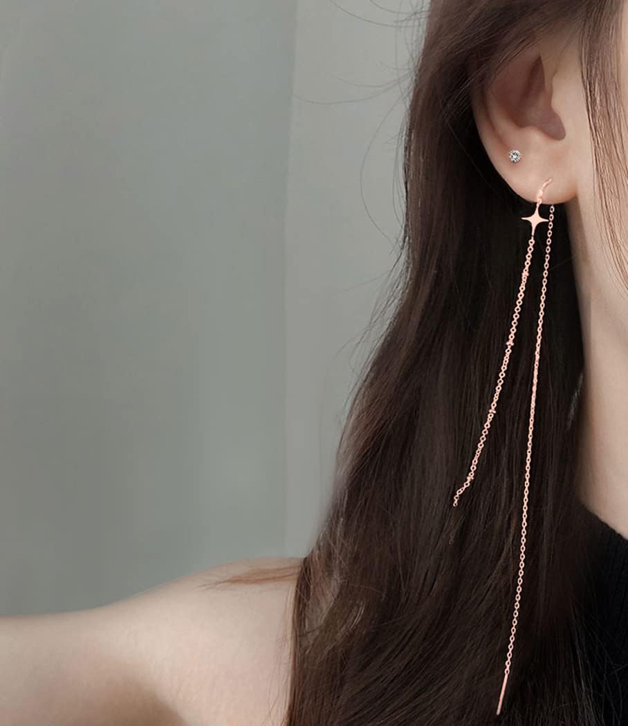 SLUYNZ 925 Sterling Silver Star Long Dangle Earrings Chain for Women Teens Line Dangle Earrings Tassel Threader Chain - Image 3