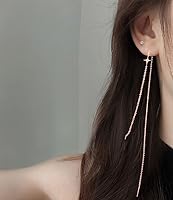 Vista 3 de SLUYNZ 925 Sterling Silver Star Long Dangle Earrings Chain for Women Teens Line Dangle Earrings Tassel Threader Chain