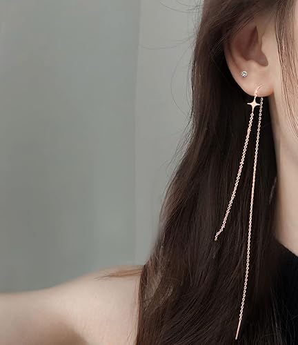 Miniatura 3 de SLUYNZ 925 Sterling Silver Star Long Dangle Earrings Chain for Women Teens Line Dangle Earrings Tassel Threader Chain