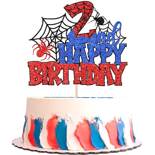 SYKYCTCY 1 Pack Spider Happy 2nd Birthday Cake Topper Baby Shower Cake Picks for Spider Theme Spooky Party 2nd Birthday Boys Girls Kids Party Supplies