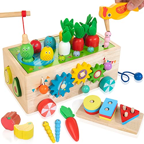 WOODMAM Montessorispielzeug für Kleinkinder, 8 in 1, Aktivitätsspielzeug Holz mit Karottenernte, magnetisches Angelspiel, Geschenk für Jungen und Mädchen im Alter von 1 2 3 Jahren Cover