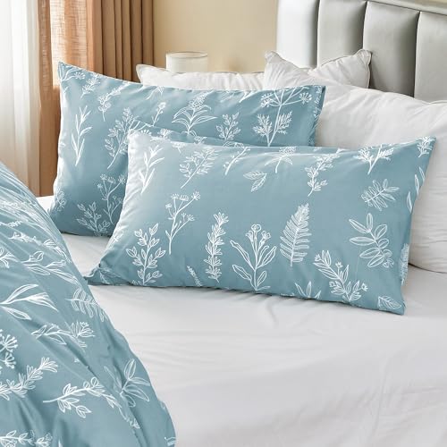MUXHOMO Duvet Cover Queen Size, Reversible Floral Mineral Blue Duvet Cover Set with Zipper Closure, 3 Pieces Botanical Patterns Soft Microfiber Bedding Set with 4 Ties (90"x90", 2 Pillow Cases)