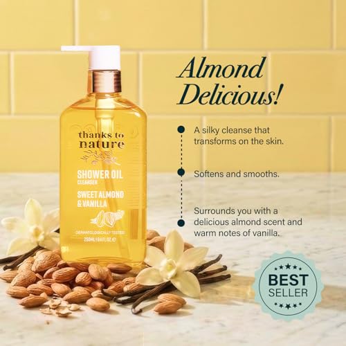 Image of Shower Oil for Women, 8.45 fl oz (Sweet Almond & Vanilla) | Body Wash With Vitamin E and Glycerin, Oil to Foam, Vegan, Paraben Free, Normal to Dry Skin