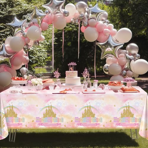 Image of Avezano 6 Pcs Princess Castle Tablecloth Rainbow Princess Birthday Table Cloth for Girls Women Birthday Party Decorations 108 x 54 Inch