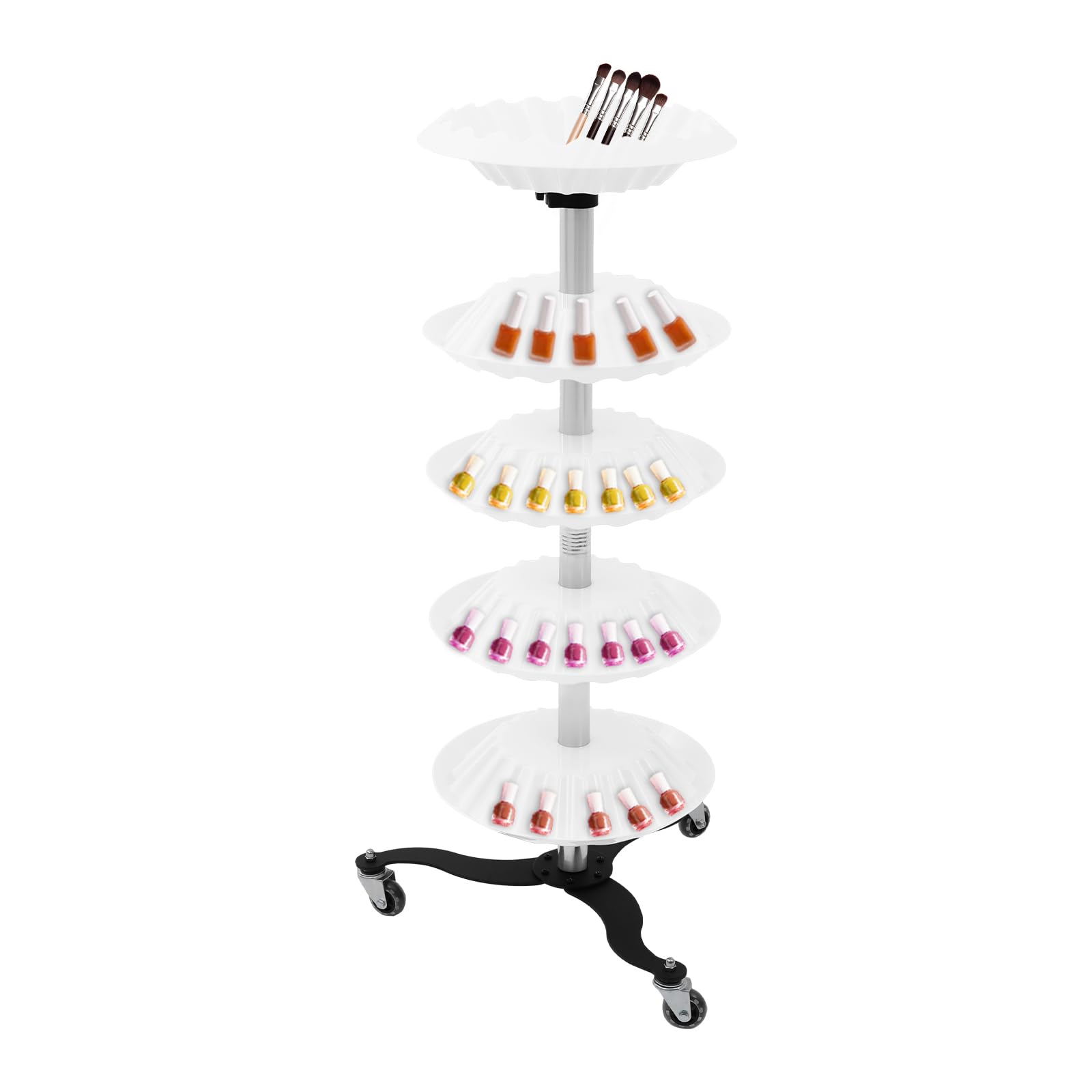 5-Tier Nagellack Drehgestell Nagellack-Display mit Rädern Nagellack-Wagen-Organisator Weiß, mit Rollen, Edelstahl und PP, 100 cm Höhe, Freistehend