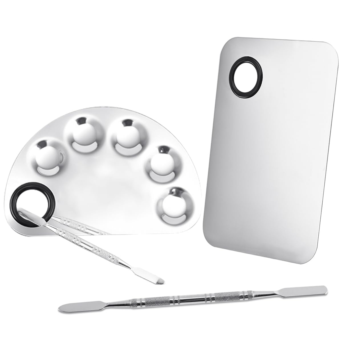 2 Set Tavolozza Trucco in Acciaio Inox Professionale Tavolozza di Miscelazione del Trucco con Spatola Rettangolo Semicerchio Tavolozza Trucco Palette per Rossetto Smalto Correttore Pigmento