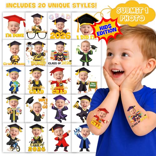 Image of Custom Graduation Temporary Tattoos for Kids, Set of 20 | Personalized Pre-Cut Face Photo, Fun Birthday Party Favors, For Boys Girls, Graduation Day Celebration Gifts