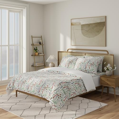 Image of QuickZip Duvet Cover with Zipper Closure - Ultra Soft Long-Staple 100% Cotton, Oeko-Tex Certified, Durable Interior Corner Ties, Corner Clips, King /Cal King, Reversible Wildflower /White (Sateen)