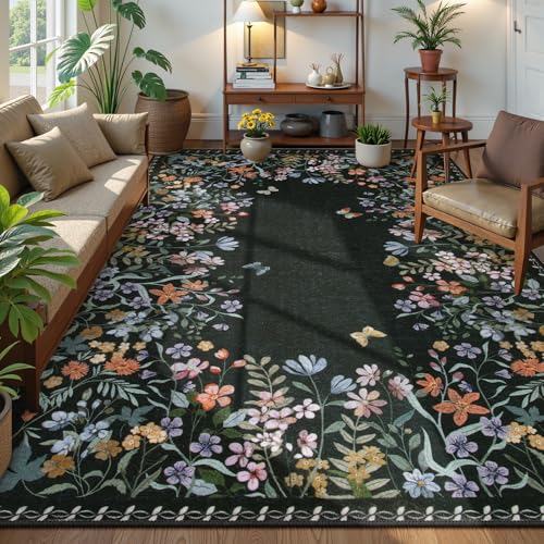 Lahome Boho Floral Black Washable 8x10 Area Rugs for Living Room, Non Slip Rugs for Bedroom, Indoor Throw Dining Room Carpet for Under Table Home Office Playroom(Black,8x10)