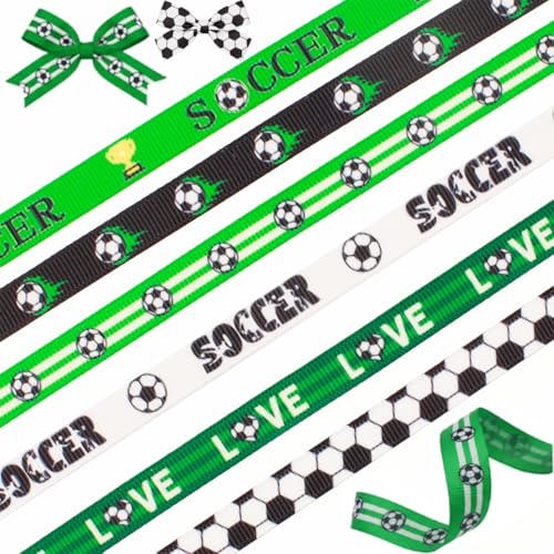 6 Rolls Soccer Ribbon Set Grosgrain Sports Gift Wrap Craft Supplies 3/8 Inch for Party Decorations Team Events DIY Home Decor Celebration Favors 5 Yards Per Pattern Design