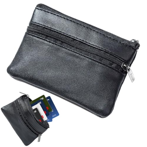 JEYORZY Portamonete in Vera Pelle, Porta Monete Euro Piccolo, Custodia per Chiavi Auto in Pelle per Uomo e Donna, Portachiavi Ecopelle Morbida, Regalo Compleanno, Natale,Nera