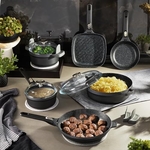 BergHOFF GEM 9Pc Non-stick Cookware Set, Best for Glass Top Cooktop and Gas Stove, Black