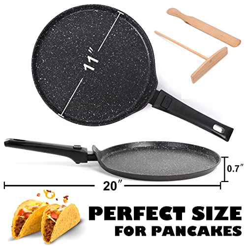Clatine Nonstick Crepe Pan, 11 Inch Dosa Griddle Tawa Pan For Pancake & Tortillas, Granite Cookware With Detachable Handle & Spreader Spatula, Breakfast Flat Frying Pan Skillet For Induction Stove Top #TOP5