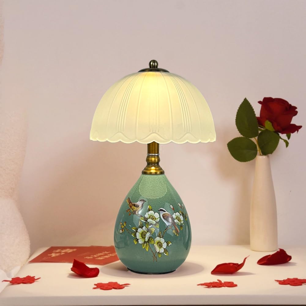 XINYASEE Lampe de chevet - Lampe de table en céramique, design en forme de goutte d'eau, décorée de motifs floraux et d'oiseaux, douille E27, trois couleurs de lumière, dimensions : 20 * 33 cm (Vert)