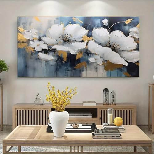 Peinture a l'huile abstraite de luxe fleurs blanches et or