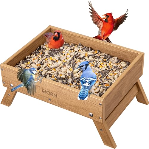 iBorn Ground Bird Feeder, Bird & Squirrel Platform Feeder for Outdoors, WPC Recycled Plastic, 3.6LB Large Capacity, Raw