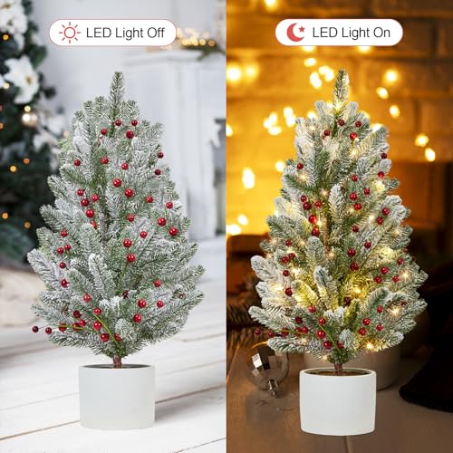 24 Inch Pre-lit Table Top Christmas Tree with Lights, Artificial Small Green Christmas Tree with Cement Basin Base, Miniature Pine Christmas Trees for Table Office Dorm Desk Decorations