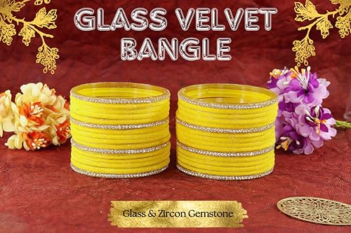 Image of NMII Fancy Glass Golden Zircon Diamond Stone & Velvet Finish Plain Bangles Set For Women & Girls | Glass Velvet Bangles | Kanch ki Chudiyan | Girl's Bangles Bracelet | Fashion Jewellery- Set of 32