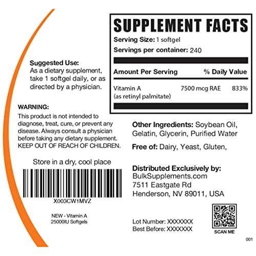 Bulksupplements.com Vitamin A 25000 Iu Softgels - Vitamin A Retinyl Palmitate - Antioxidants Supplement, Eye Supplements - 1 Vitamin A Supplement Per Serving, Vitamin A Pills (240 Softgels) #TOP1