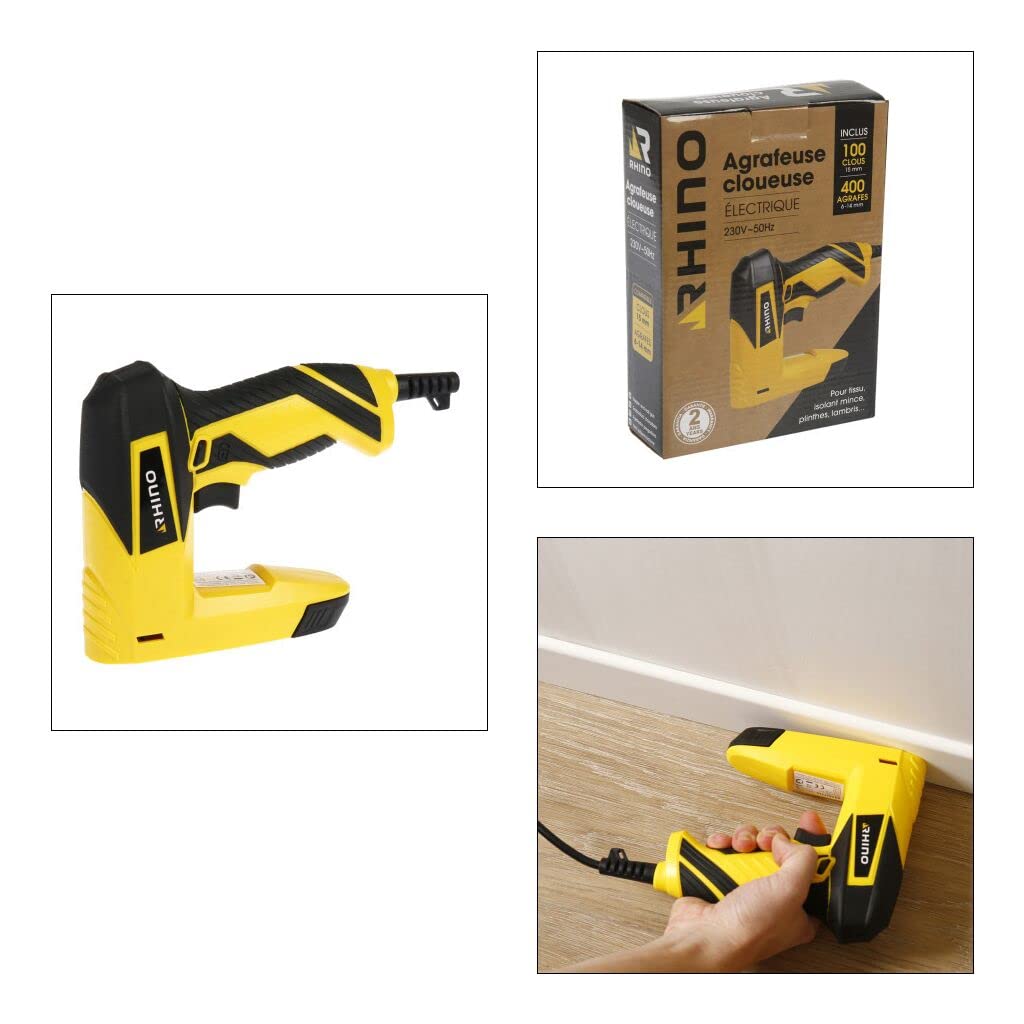 RHINO - Pinzatrici elettriche, cucitrice chiodatrice elettrica cablata + 100 chiodi 15 mm + 400 punti 6/14 mm - Adatto per tessuto, isolamento sottile, battiscopa, pannellatura ecc.