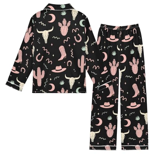 Image of Satin Pajama Sets Short Sleeve Horses Running on Colorful Button Down Silky Nightwear 2 Piece PJS 5-14Y