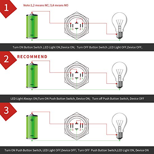 Apiele 22Mm Latching Push Button Switch 12V Dc Angel Eye Led Waterproof Stainless Steel Round Metal Self-Locking 7/8'' 1No 1Nc 1 Pack (Red) #TOP6