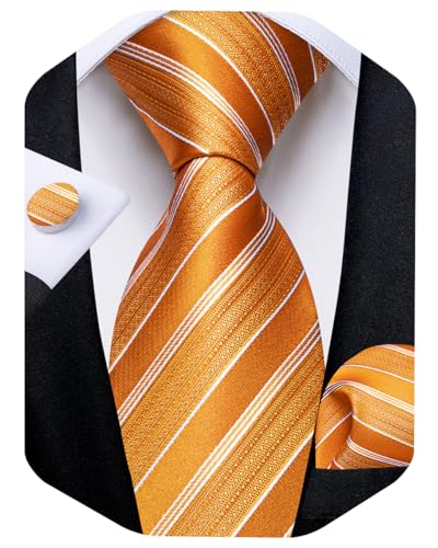 Image of DiBanGu Striped Tie Set for Men Silk Woven Plaid Necktie and Pocket Square Cufflinks Business Wedding