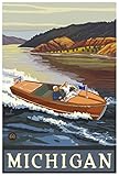 Art of Place Michigan Woodie Boat Lake Giclee Art Print Poster from Travel Artwork by Artist Paul A. Lanquist 12