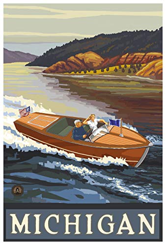 Art of Place Michigan Woodie Boat Lake Giclee Art Print Poster from Travel Artwork by Artist Paul A. Lanquist 12