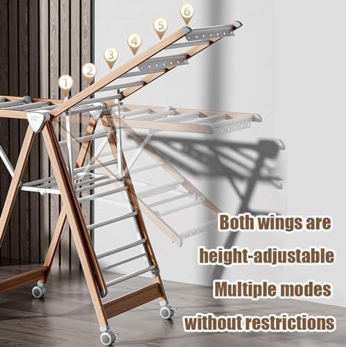 Wood Grain Clothes Drying Rack,Foldable Free-Standing Aluminum Alloy Laundry Rack Large Folding Laundry Stand with Height Adjustable Wings Indoor Outdoor Use