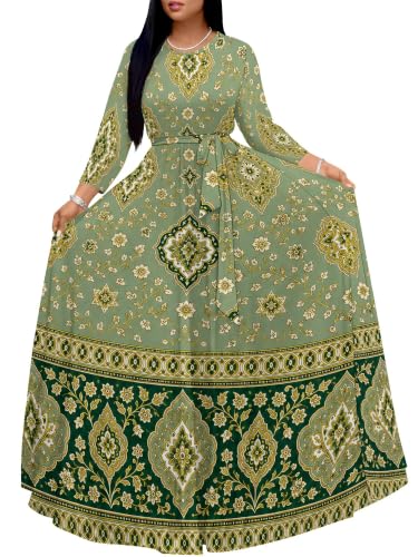 Image of Women Plus Size Long Sleeve V Neck Maxi Dress with Belt | Soft fabric relaxed fit three quarter sleeve v neck with pockets for party and daily wear