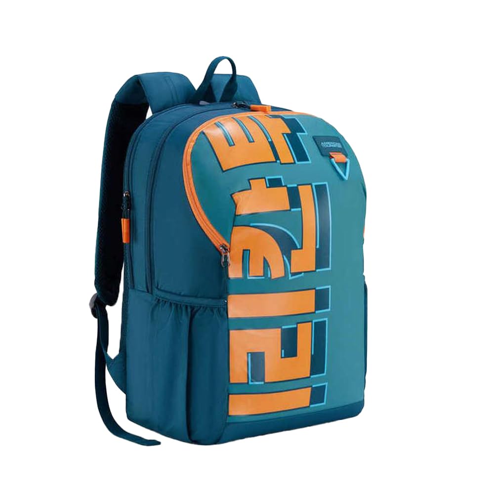 american tourister Herd 3.0 Style 01, 33L Volume College 3 Compartment Backpack with Front Organizer and Spacious Interiors for Unisex - Teal/Orange-picture-27