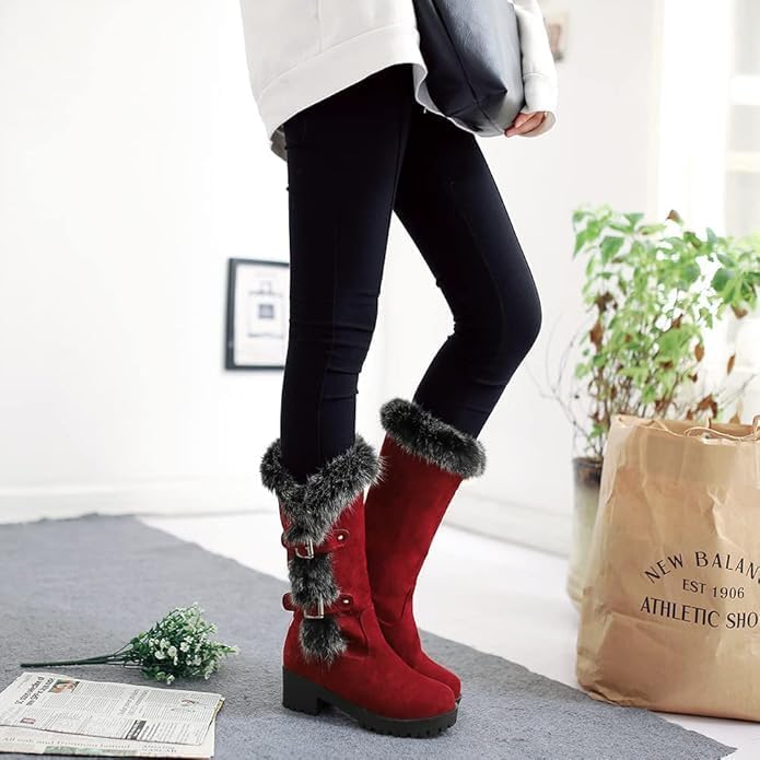 Women's Suede Mid-Calf Snow Boots Warm Womens Boots Fleece Furry Leather Non-slip Snow Fur Lined Insulated Boot