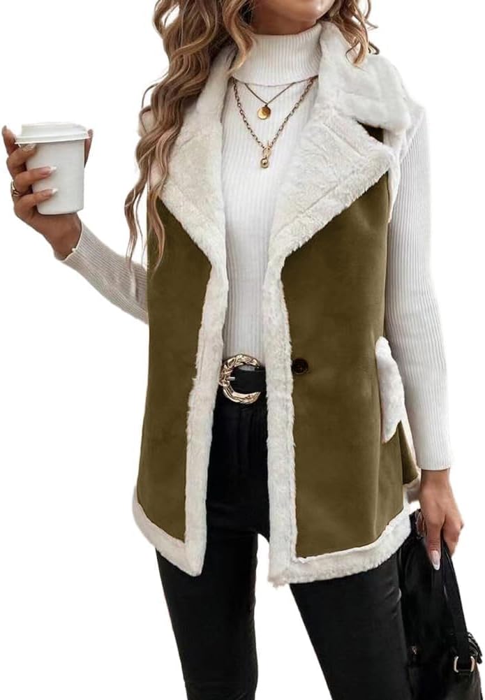 Mywinway Sherpa Vest Womens Fall Winter Faux Fur Suede Leather Vest Jacket Sleeveless Lambswool Fur Warm Coat