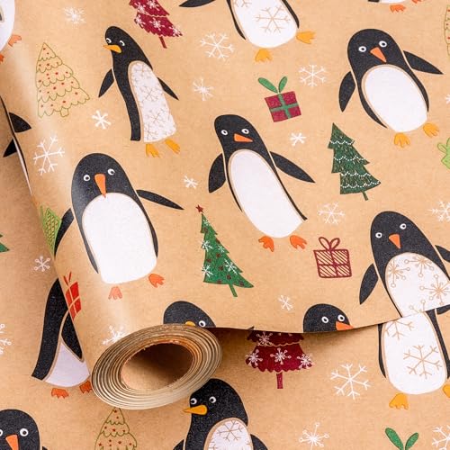 MAYPLUSS Christmas Wrapping Paper Roll, Kraft Gift Wrap w/Christmas Tree