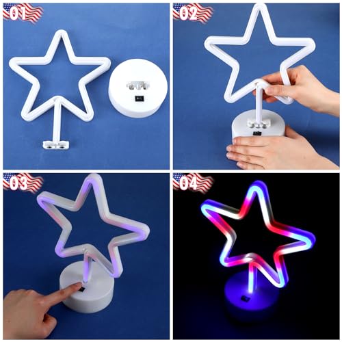 Image of 4 Pcs 4th of July Neon Star Lights, Patriotic LED Neon Star Signs Powered by USB Cable /Battery, Red White Blue Patriotic Light for Home, Tabletop, Window Memorial Day Independence Day Decor