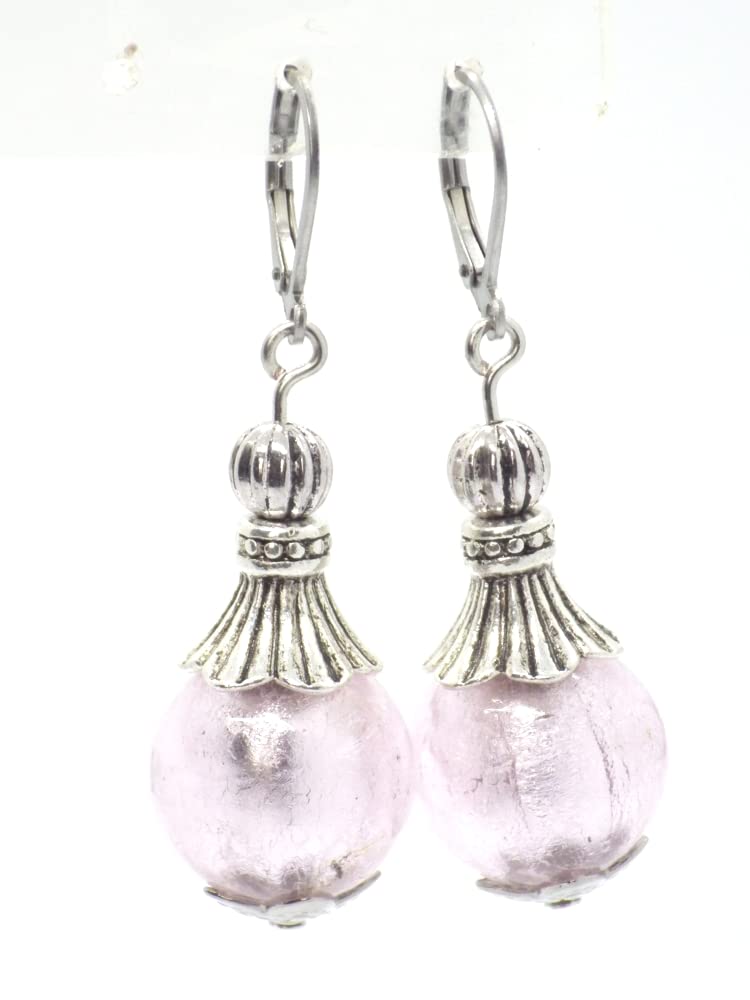 Conjunto de joyería pendientes, collar y pulsera en acero inoxidable, hematites y cuentas de cristal de Murano rosa