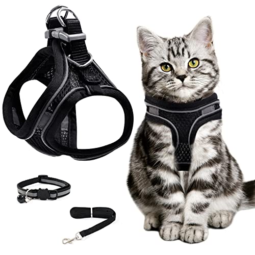 JOYSKY Harnais Chat Respirant et Réglable - Laisse Chat avec Réfléchissant - Colliers, Harnais et Laisses pour Chats et Petit Chien - Noir (XS)