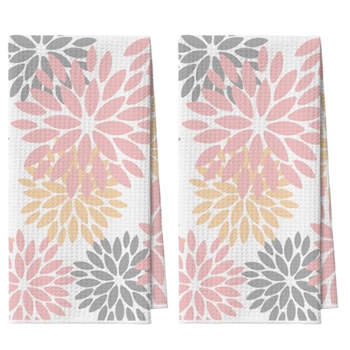 Artoid Mode Pink Dahlia Floral Bar Kitchen Towels, 12x24 Inch Quick Dry Microfiber Cloth Dish Towels for Kitchen Drying Set of 2