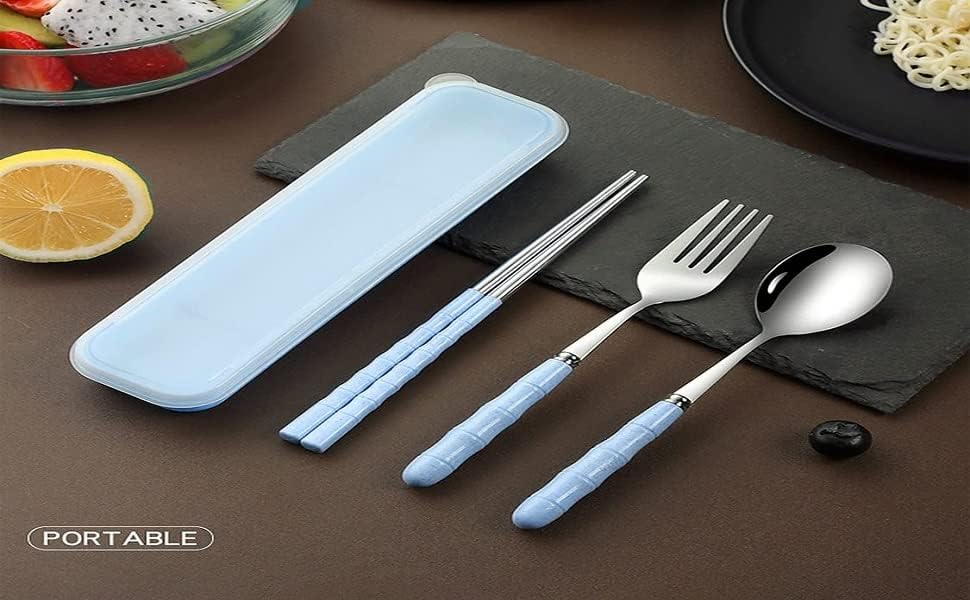 Image of Favria 3 Piece Stainless Steel Spoon,Fork and Chopstick Portable Travel Spoon Box Anti Slip Cutlery Set for Office Lunch Box,Travel, School,Picnics,Camping and Outdoor Home Utensil Set (Blue)