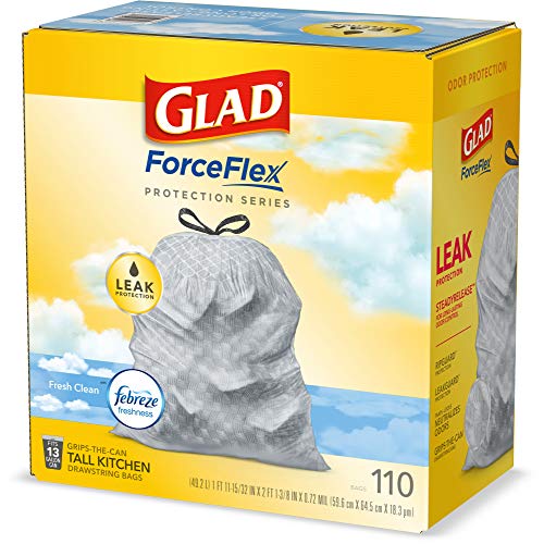 Glad ForceFlex Tall Kitchen Drawstring Trash Bags – 13 Gallon Trash Bag, Fresh Clean scent with Febreze Freshness – 110 Count (Package May Vary)