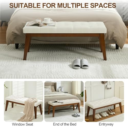 Image of WUTUTUEE 43.5'' Linen Bedroom Bench, Upholstered End of Bed Bench with Tufted Button, Padded Vintage Dining Bench, Entryway Bench with Solid Wood Legs, Kitchen, Living Room, Hallway, Beige Tufted