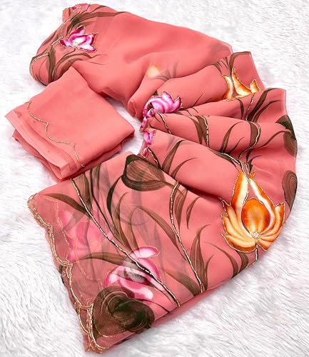 Image of Arkia Women's Floral Hand Embroidered Hand Painted Saree with Blouse Piece