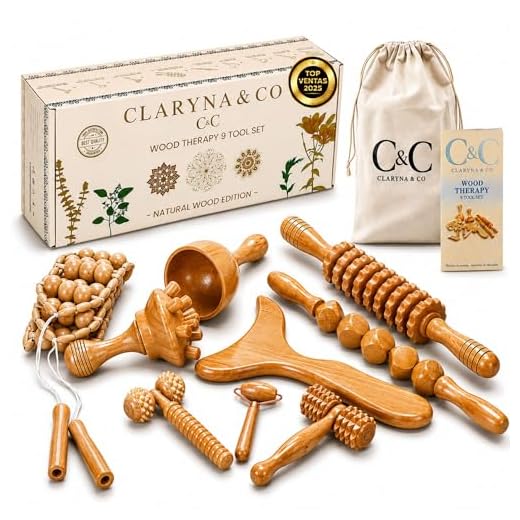 C&C Kit Maderoterapia Corporal de Madera Barnizada y Pulida, 9 Piezas, Incluye Bolsa de Algodón. Rodillo Masaje Piernas, Mesoterapia Corporal, Kit Masaje – Marca Comprometida con la Reforestación