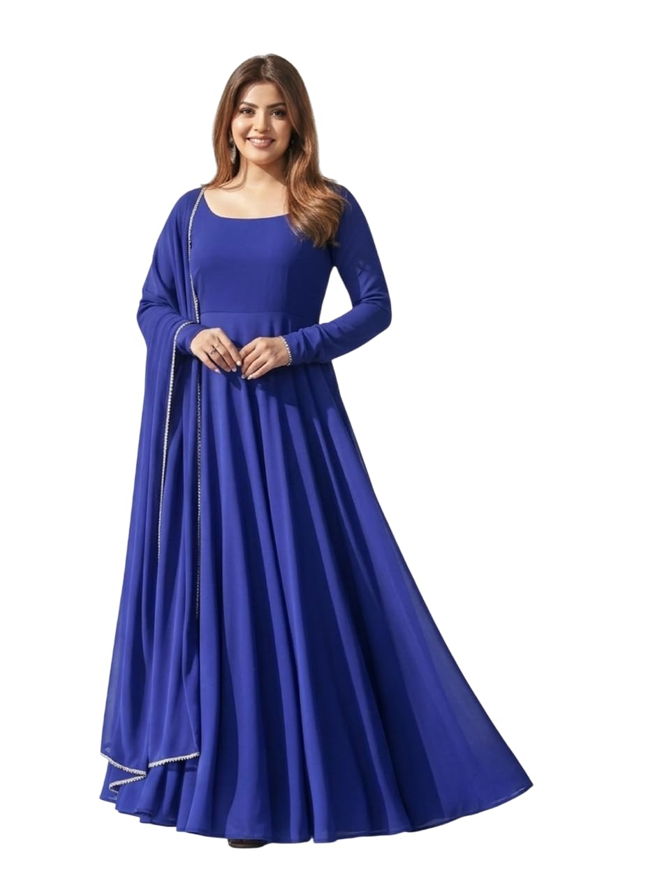 Women's Georgette Gown with Dupatta for Casual Festive Navratri Function Comfortable Traditional Outfit (Blue Color)-picture-48