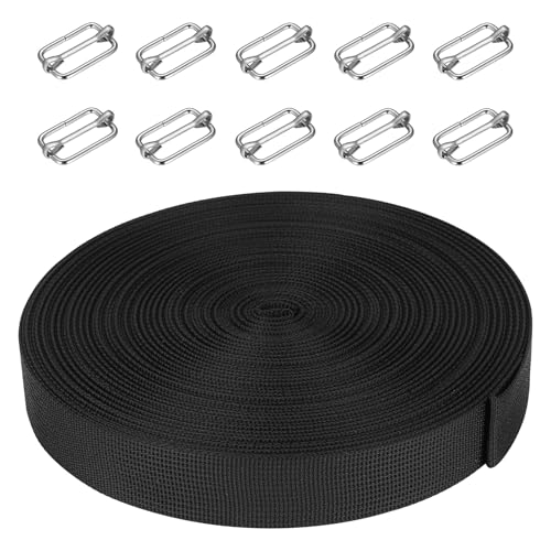1 Rollo Correas de Cincha, 25 mm x 20 Metros Cuerdas de Amarre con Cierre 10 pcs, Cinta de Correa para Reparaciones, Manualidades, Cinta de Equipaje y Mochilas (Negro)