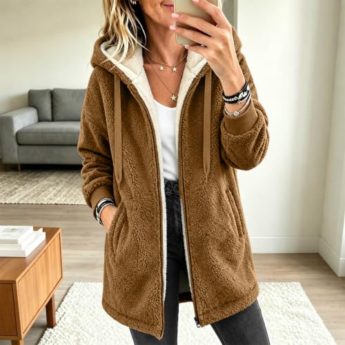 SCRRMZO Sherpa Jacket Women Warm Fleece Zip Up Hooded Outwear Winter Jacket | Sherpa Jacket Women, Fleece Jacket Women, Womens Sherpa Jackets, Womens Long Fleece Jackets - image 8