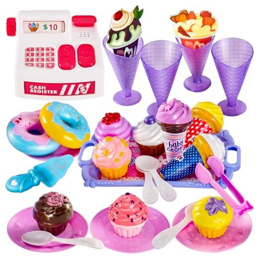 LINFUN KIDS Juegos de Helados con Caja Registradora, Juguetes de Comida Alimentos, Accesorios Cocina Tienda Juguete Supermercado, Juego de rol Regalo para Niños Niñas 3 4 5 Años